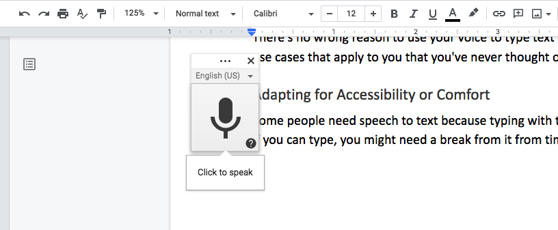Tastare vocală Google Docs pe web