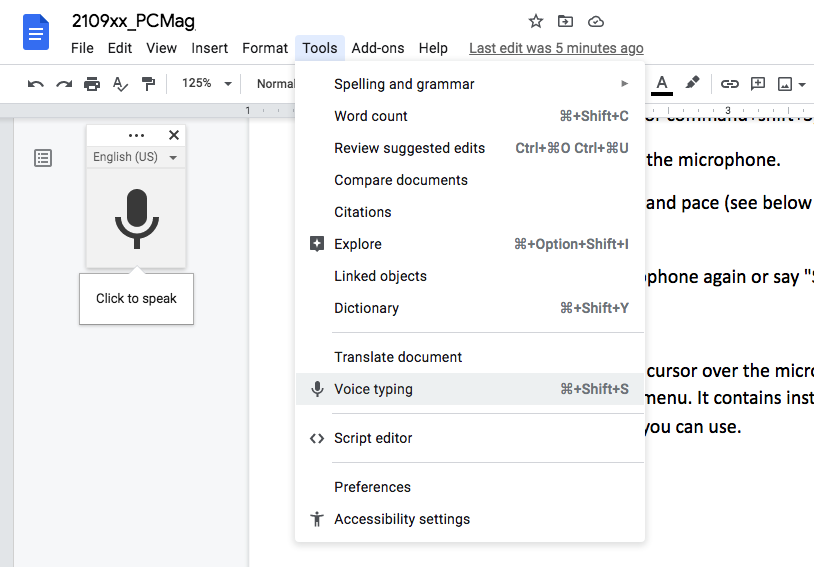 Fonctionnalité de saisie vocale de Google Docs