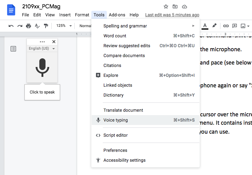Funcția de tastare vocală Google Docs