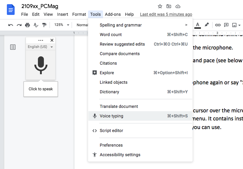 Función de escritura por voz de Google Docs