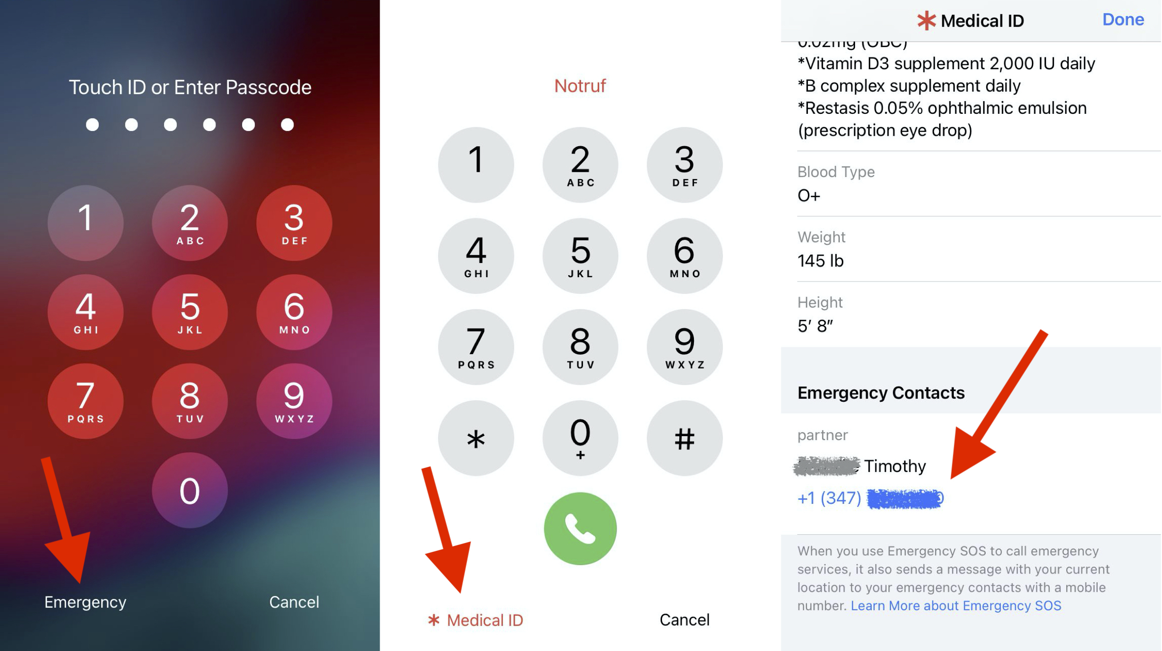 iPhone-Bildschirme mit Schaltflächen zum Absetzen eines Notrufs