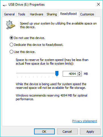 ReadyBoost Windows 10 비활성화