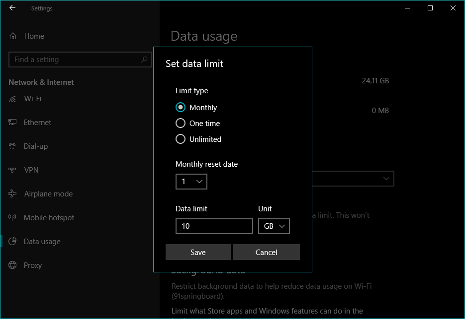 ¿Cómo configuro el límite de datos en Windows 10?