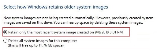 Seleccione Conservar solo la imagen del sistema más reciente y luego haga clic en Aceptar