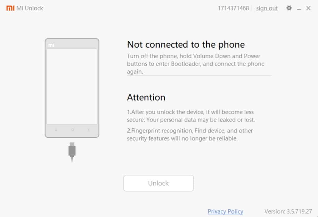 Hubungkan perangkat Mi unlock tool