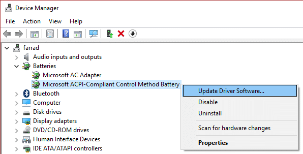 mettre à jour le logiciel du pilote pour la batterie de la méthode de contrôle compatible Microsoft ACPI