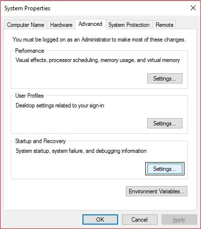 propiedades del sistema configuración avanzada de inicio y recuperación | Configure Windows 10 para crear archivos de volcado en la pantalla azul de la muerte