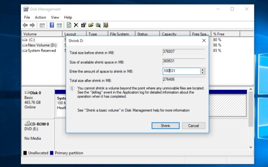 Windows 10'da Yeni Bir Bölüm Birimi Oluşturma — Bölüm Boyutunu Girin