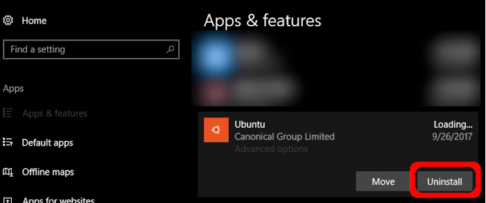 UbuntuWindows10をアンインストールします