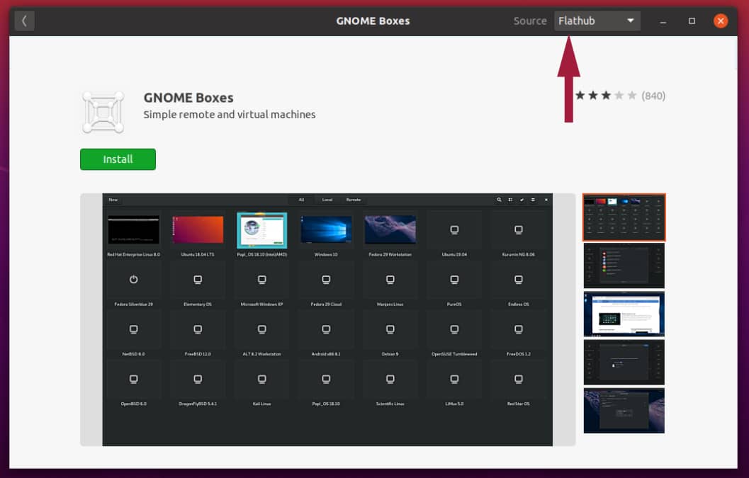 GNOME 软件中心的 Flatpak 应用程序,带有 Flathub 的源标签