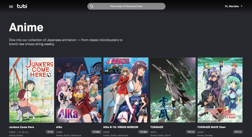 Tubi TV - situs anime gratis untuk menonton anime online di India