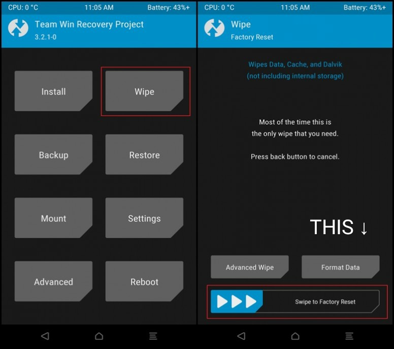 twrp deslize para redefinição de fábrica