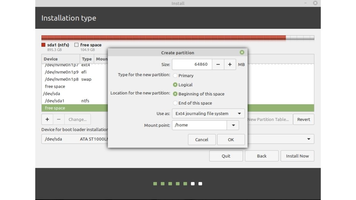 Instale o Linux Mint - Partição inicial