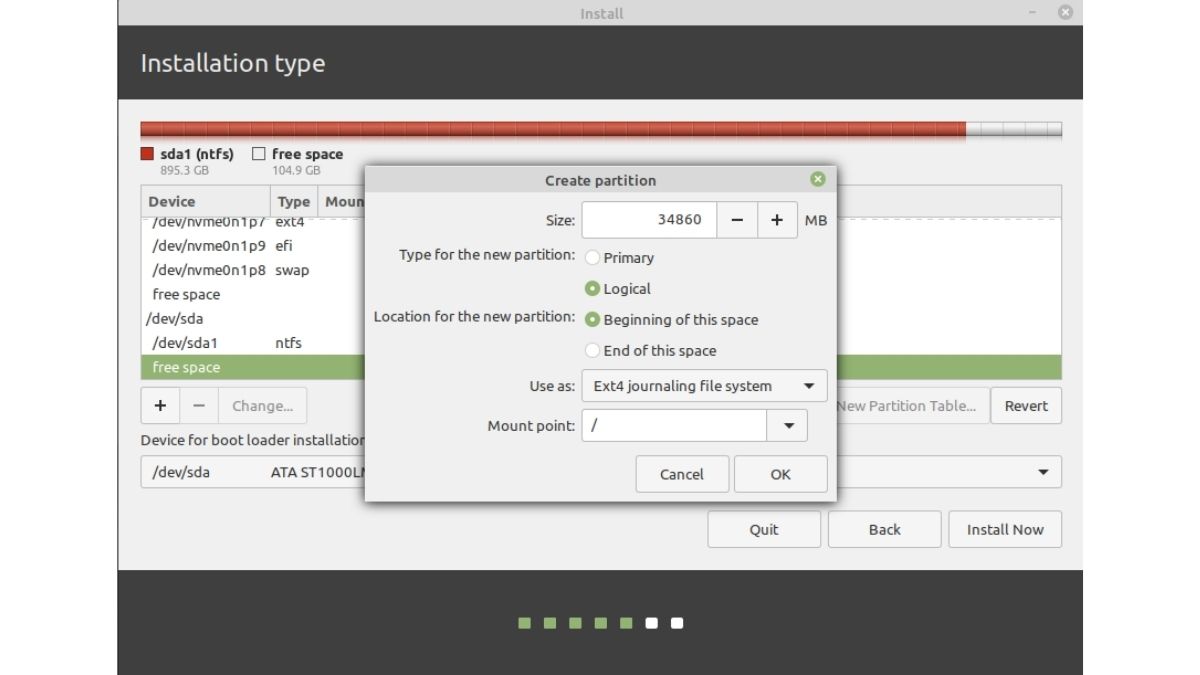 Instale o Linux Mint - partição raiz