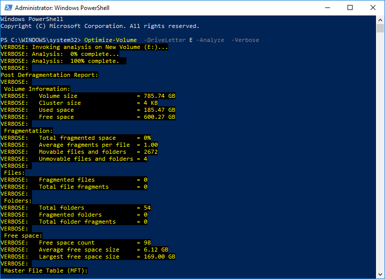 Pentru a optimiza și defragmenta unitățile utilizând PowerShell, utilizați următoarea comandă