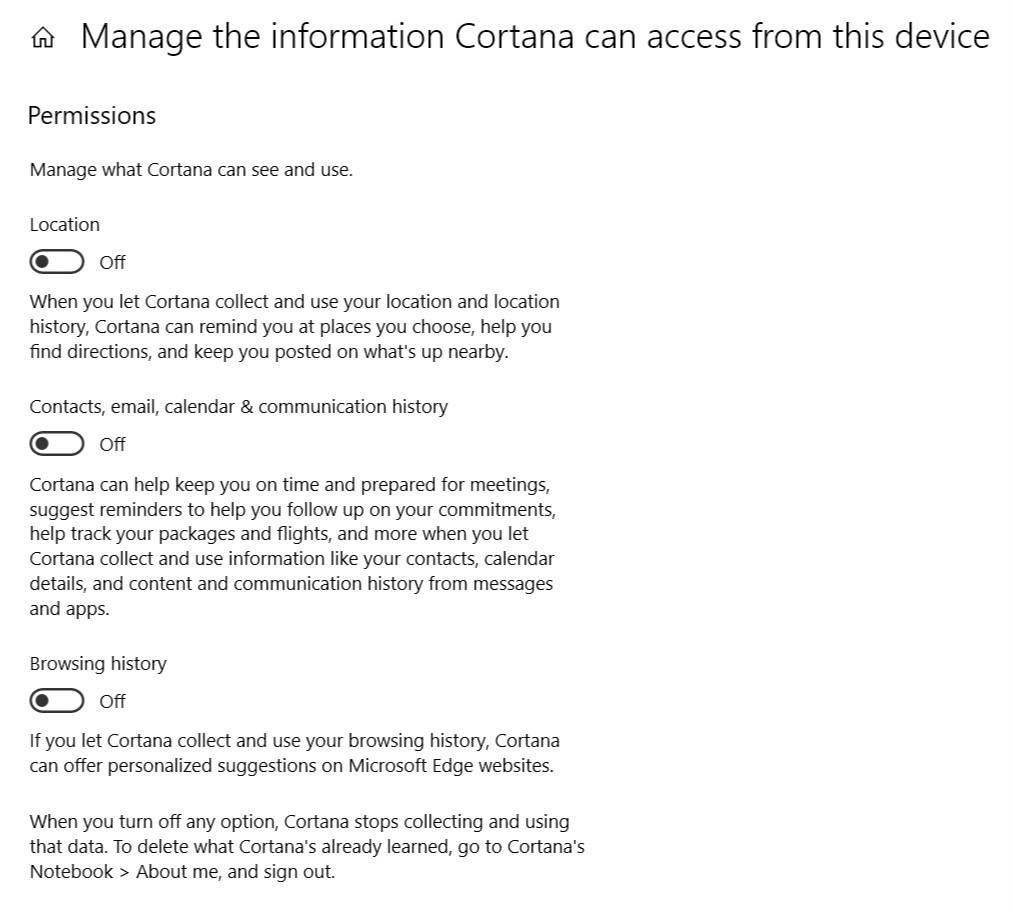 Cortanaがデバイスからアクセスできる情報を管理する