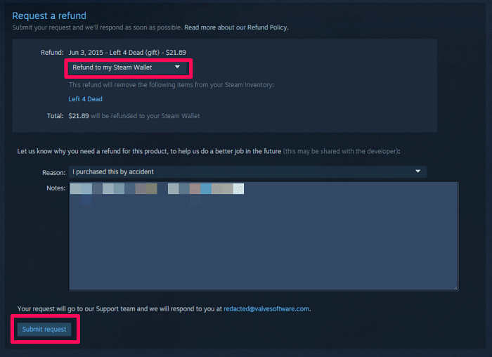 在 Steam 上提交退款申请