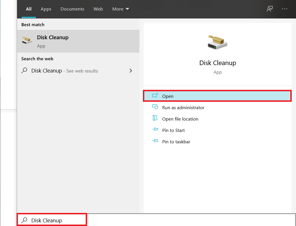 Introduceți Disk Cleanup în bara de căutare și apăsați Enter