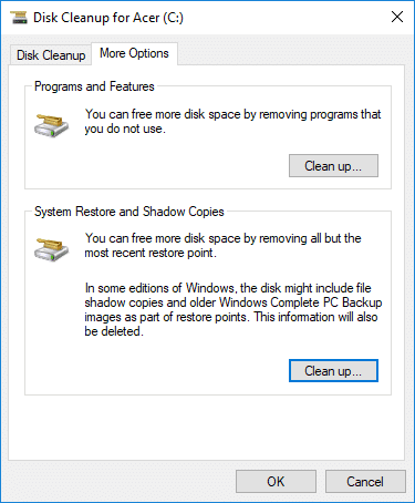 Faceți clic pe butonul Curățare sub System Restore și Shadow Copies