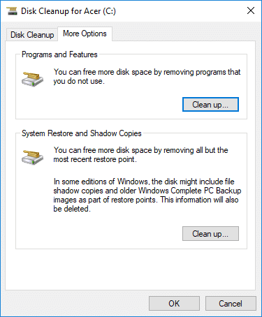 Sub Program și caracteristici, faceți clic pe butonul Curățare | Cum să utilizați Disk Cleanup în Windows 10