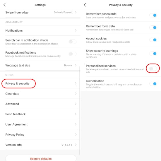 Disabilita gli annunci in Xiaomi MI Browser