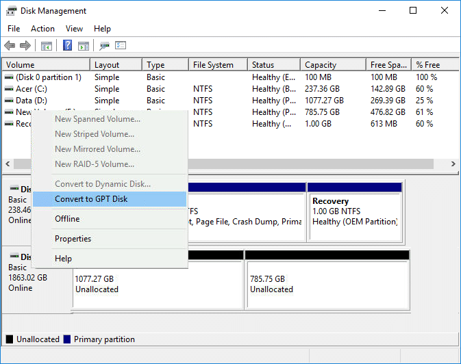 Convierta MBR a disco GPT sin pérdida de datos en Windows 10
