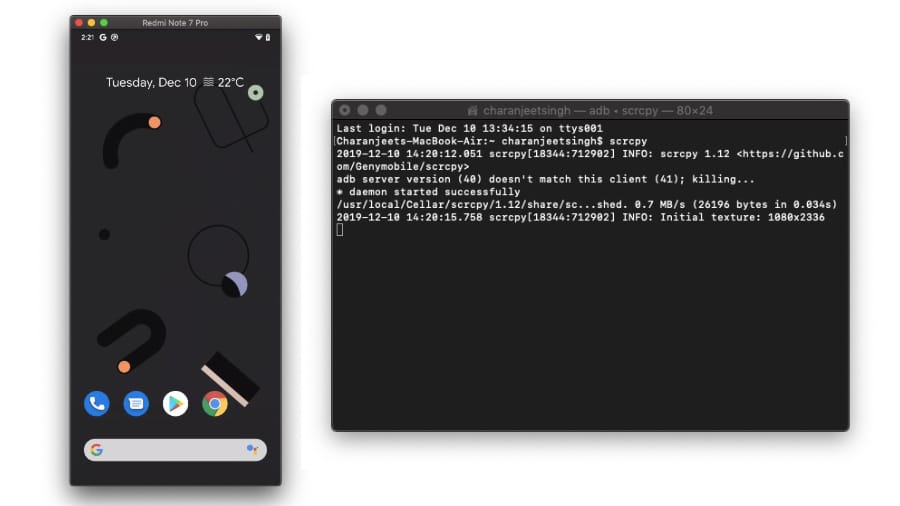 Oglindirea ecranului Scrcpy Android