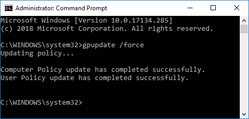 Use el comando gpupdate force en el símbolo del sistema con derechos de administrador