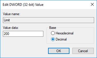 Haga doble clic en Limitar DWORD y luego seleccione Decimal en Base