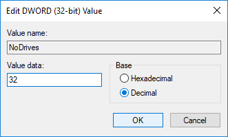 雙擊 NoDrives DWORD 以根據此表更改其值