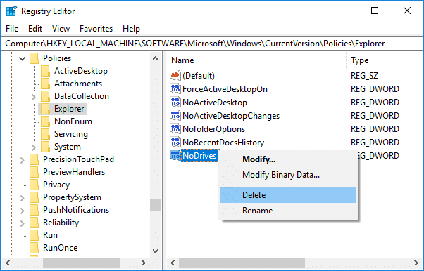 要取消隱藏驅動器,只需右鍵單擊 NoDrives 並選擇刪除 |如何在 Windows 10 中隱藏驅動器