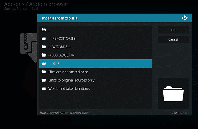 Klik 'ZIPS' untuk menginstal repositori Kodi Bae untuk Keluaran