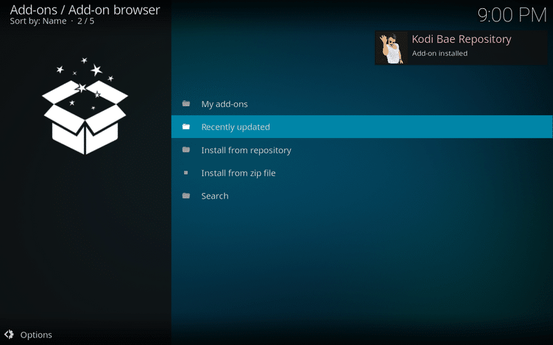 Add-on Repositori Kodi Bae diinstal