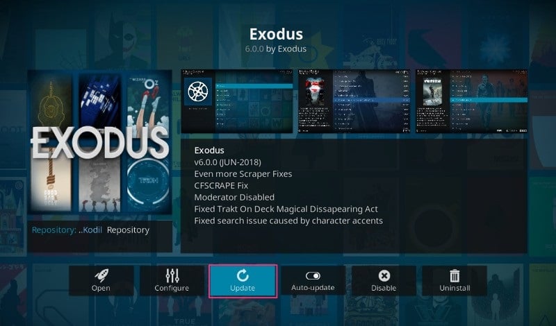 Pada halaman informasi Exodos Addon, klik ikon Perbarui