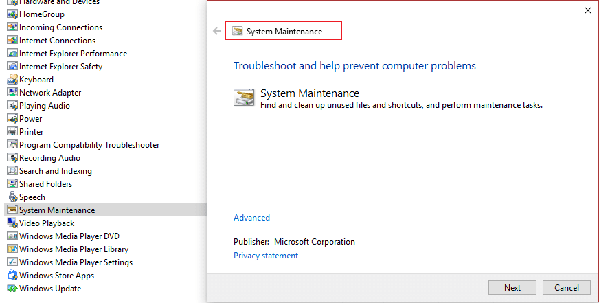 rulați depanatorul de întreținere a sistemului