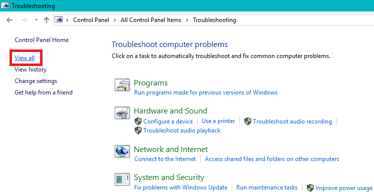 Din fereastra din partea stângă a panoului de control al panoului de control, faceți clic pe Vizualizare tot