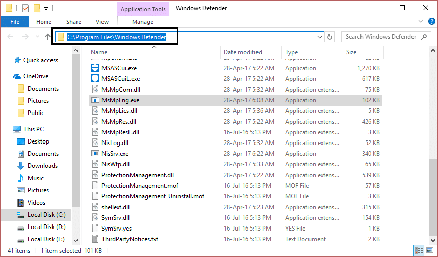 Emplacement du fichier MsMpEng.exe