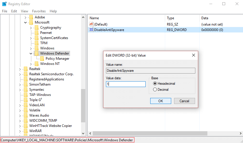 changer la valeur de disableantispyware à 1 afin de désactiver windows defender