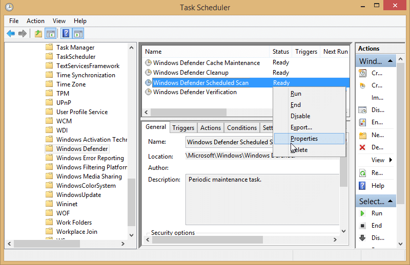 Cliquez avec le bouton droit sur Analyse planifiée de Windows Defender