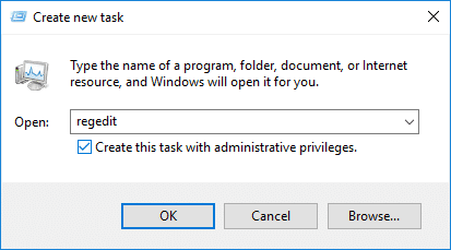 Abra regedit con derechos administrativos usando el Administrador de tareas | Arreglar el menú de inicio que no funciona en Windows 10