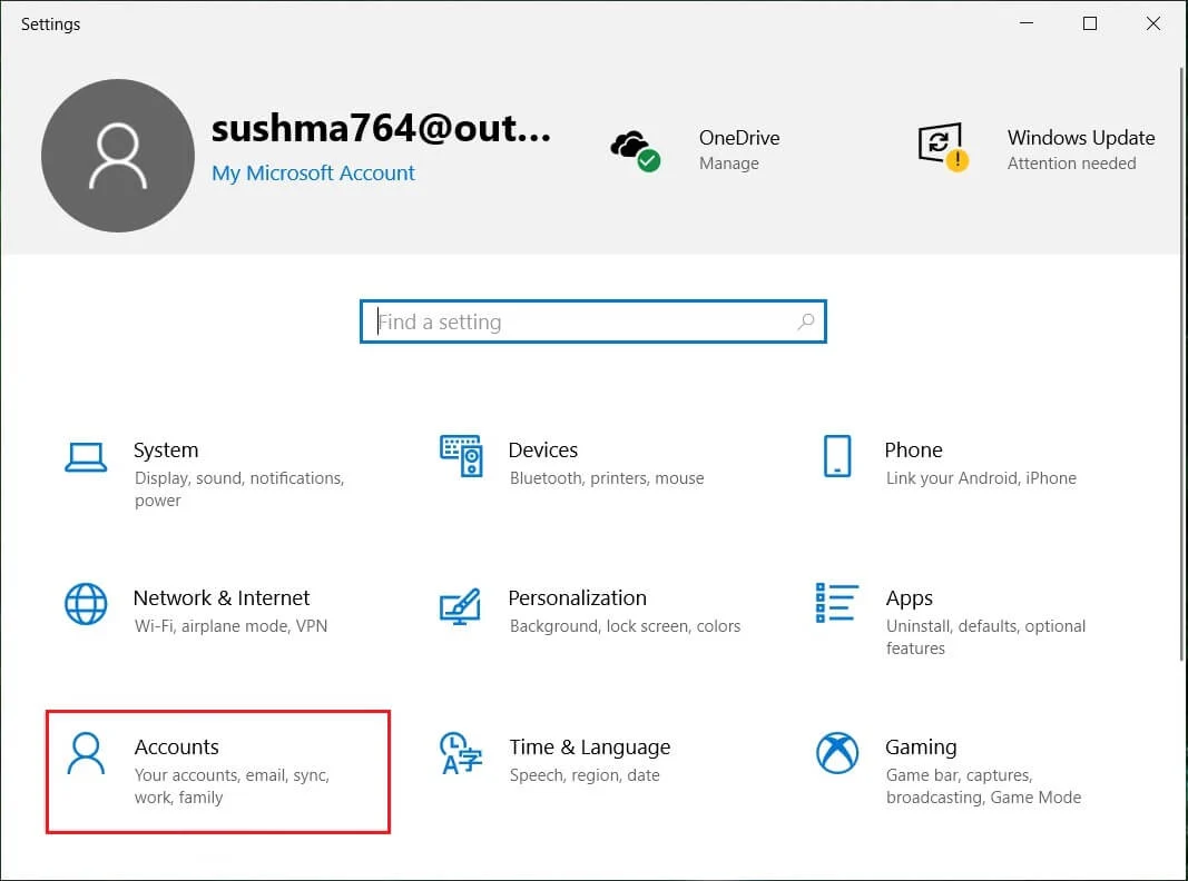 Abra la Configuración de Windows y haga clic en Cuenta