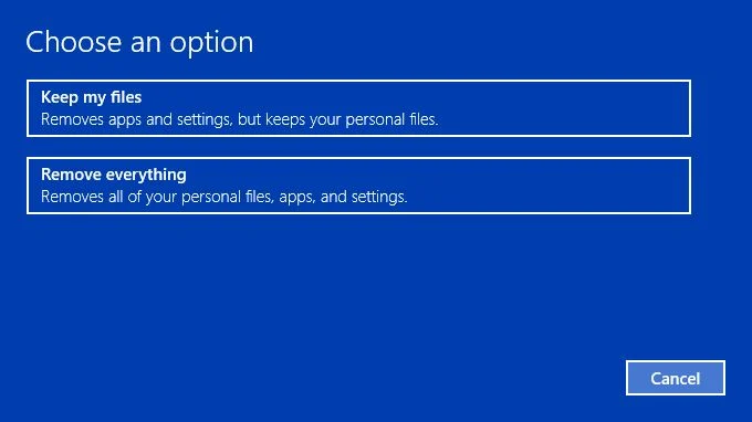 Seleccione la opción Conservar mis archivos y haga clic en Siguiente