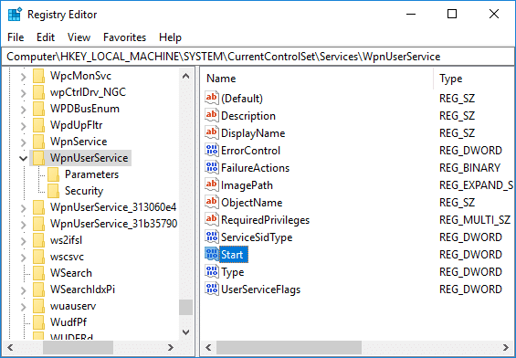Seleccione WpnUserService y luego, en la ventana derecha, haga doble clic en Iniciar DWORD