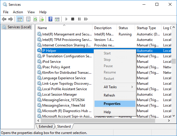 Faceți clic dreapta pe serviciul IP Helper, apoi selectați Proprietăți | Remediați conectivitate IPv6, fără acces la internet pe Windows 10