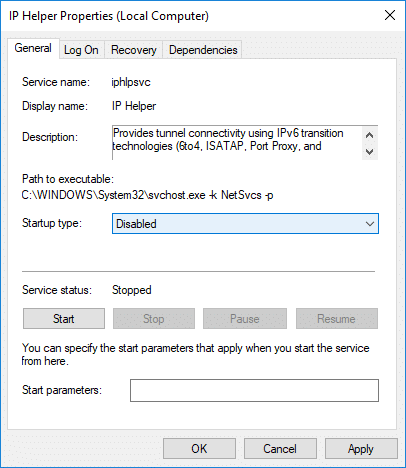 Faceți clic pe Oprire, apoi din meniul drop-down Tip de pornire, selectați Dezactivat pentru serviciul IP Helper