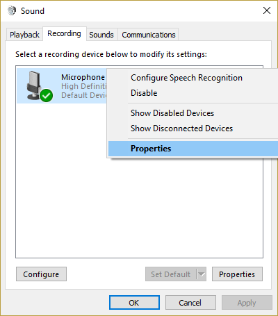 clique com o botão direito do mouse em seu microfone padrão e selecione Propriedades