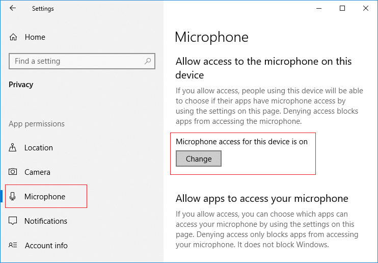 Em Acesso ao microfone para este dispositivo está no título, clique no botão Alterar