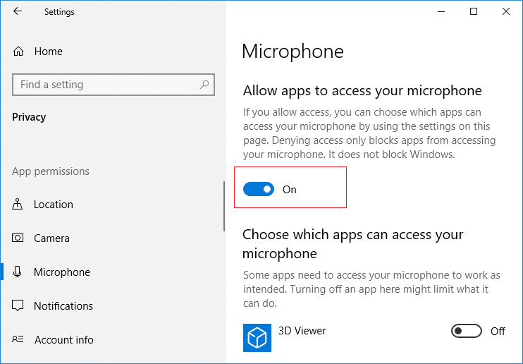 Ative a alternância em Permitir que aplicativos acessem seu microfone