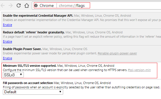 Définissez SSLv3 dans la version minimale de SSL/TLS prise en charge