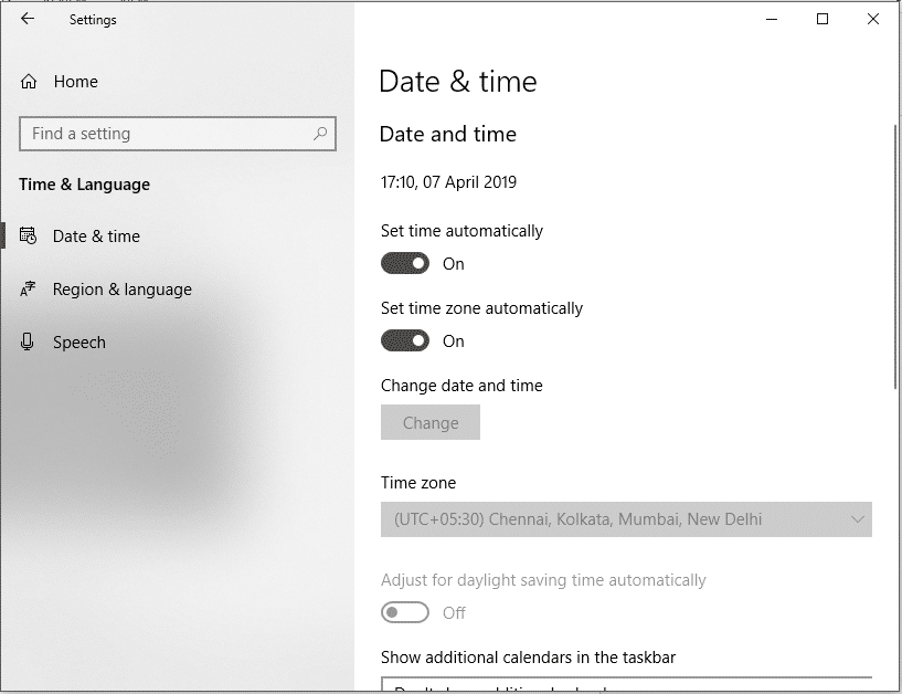 Essayez de régler l'heure et le fuseau horaire automatiques | Corriger l'heure de l'horloge incorrecte de Windows 10
